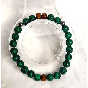 Malachite Gemstone & Wood Beaded Bracelet – Handmade